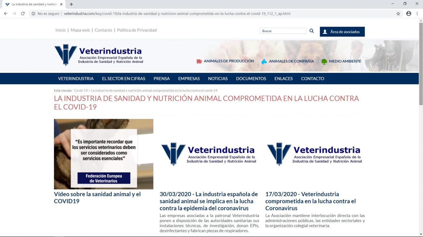Veterindustria lanza en su web una sección sobre la crisis del coronavirus